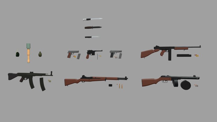 WW2 Low Poly Weapons Pack 3D Model