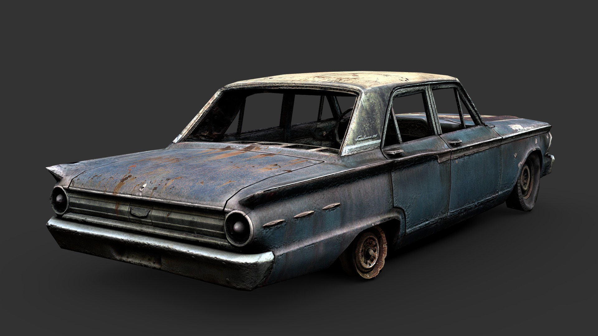 3D model Rusty 1960s Sedan - This is a 3D model of the Rusty 1960s Sedan. The 3D model is about a blue car with a wooden roof.