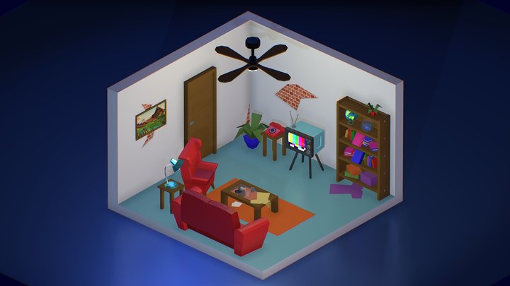 Low Poly 80's Living Room 3D Model