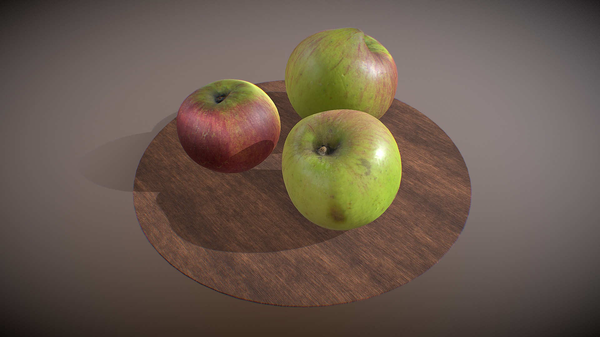 3D model Bramley cooking apple three pack photogrammetry - This is a 3D model of the Bramley cooking apple three pack photogrammetry. The 3D model is about a group of apples on a wooden board.