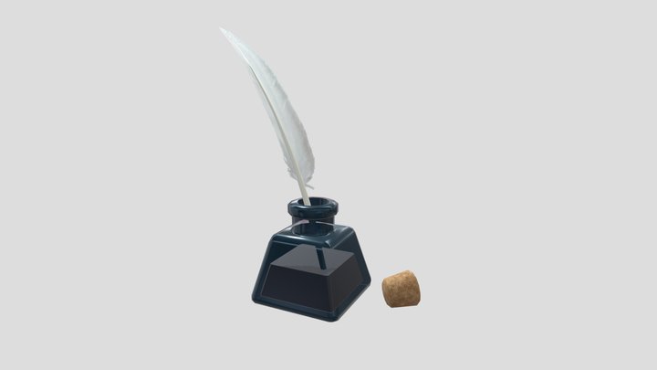 Ink bottle with feather and cork 3D Model