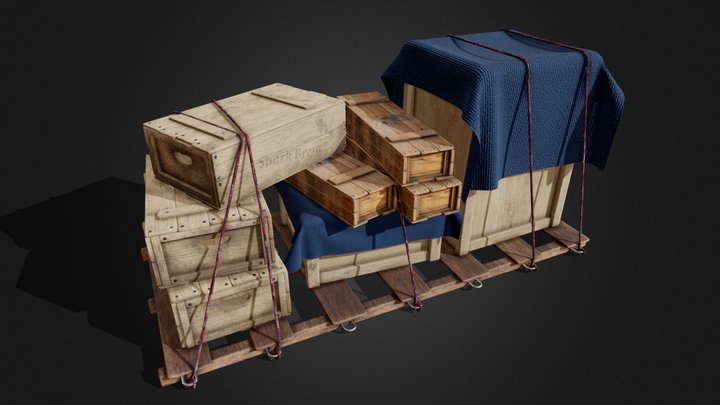 Wood  Boxes strapped on Palet 3D Model