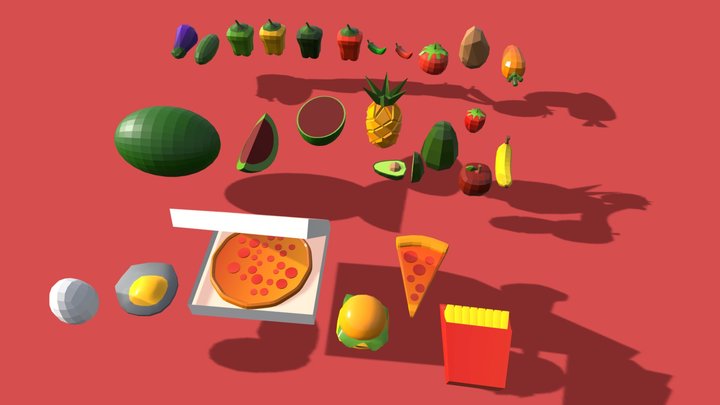 Low poly vegetables and fruits