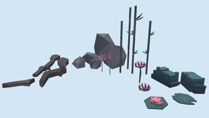 Conjunto jardim japonês Lowpoly 3D Model