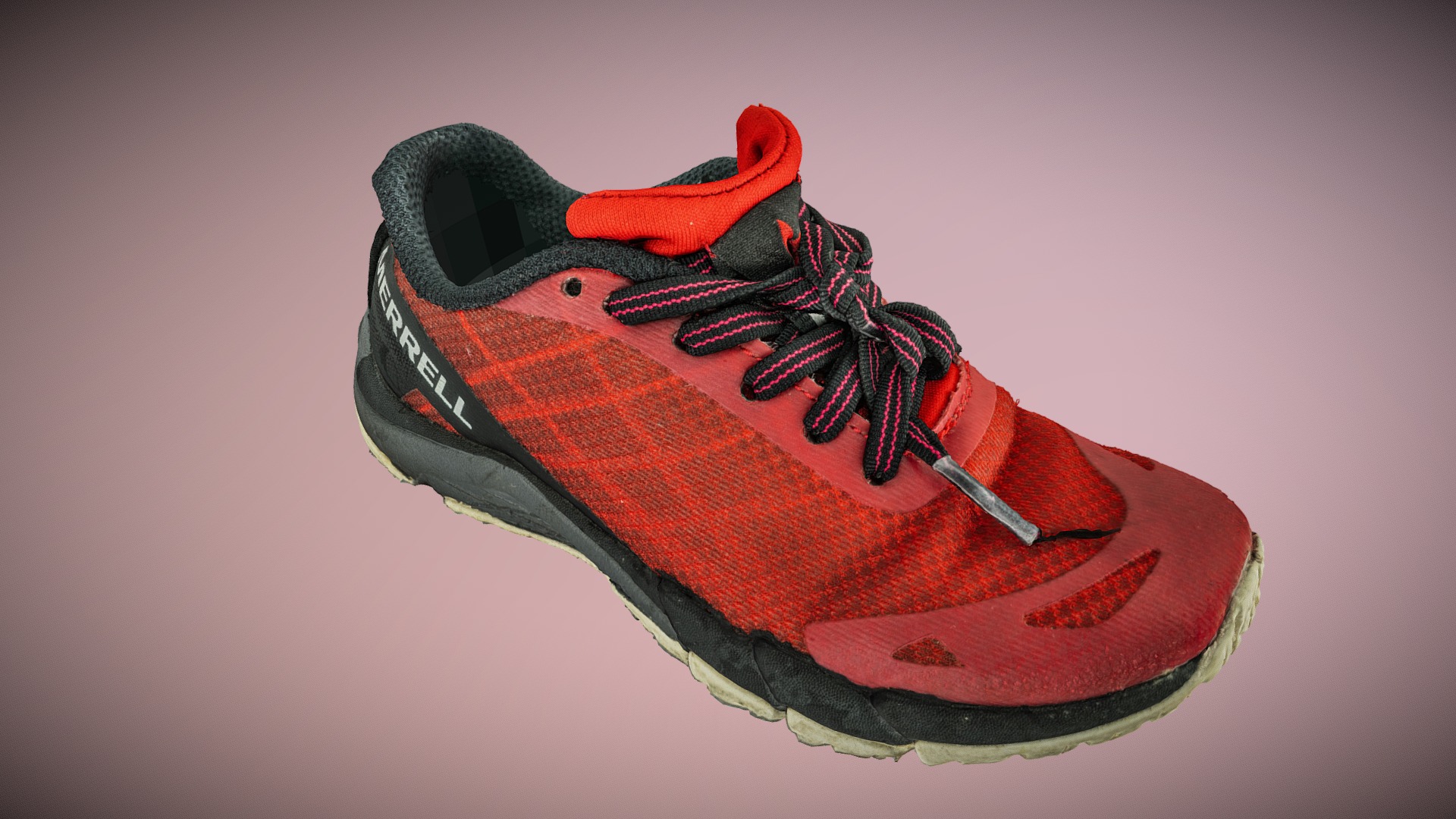 3D model Merrell Bare Acces kid shoe photogrammetry scan - This is a 3D model of the Merrell Bare Acces kid shoe photogrammetry scan. The 3D model is about a red and black shoe.