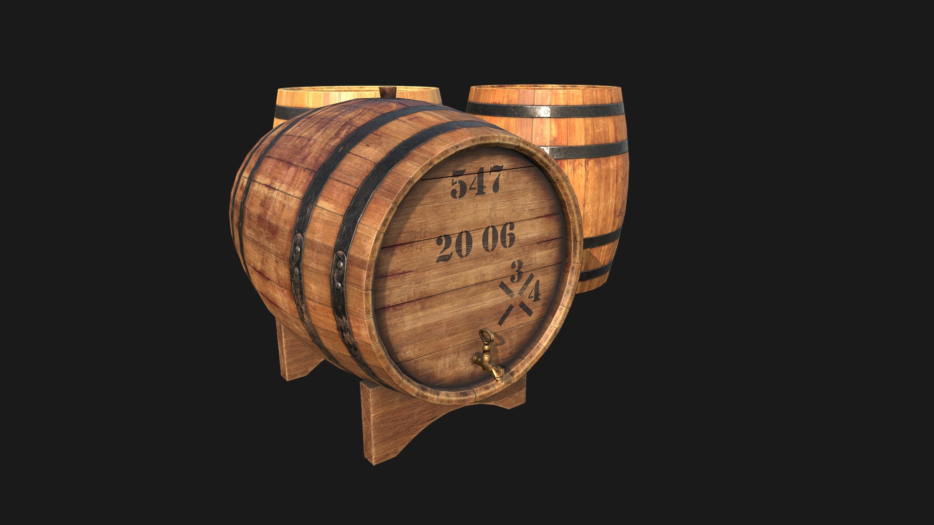 3D model Wooden wine barrels - This is a 3D model of the Wooden wine barrels. The 3D model is about a close-up of some barrels.