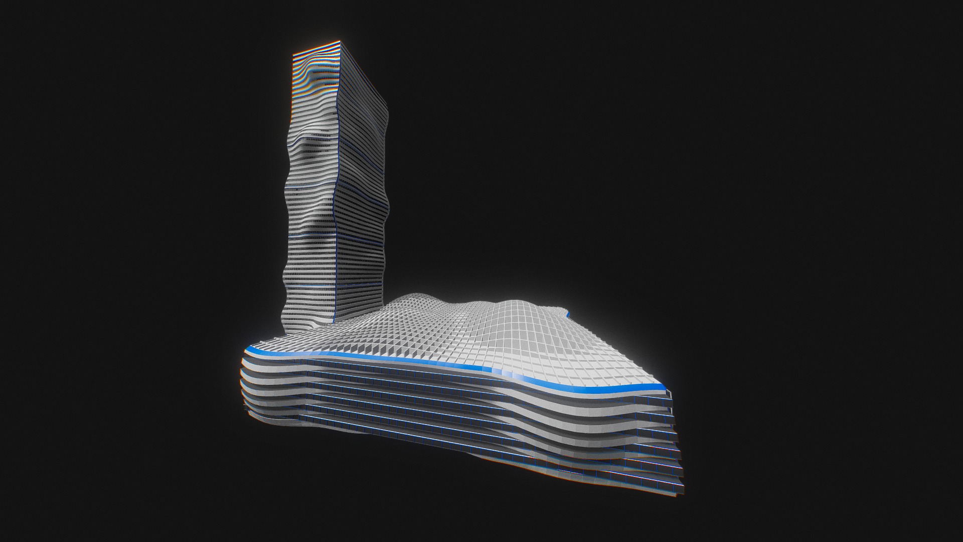3D model Future Building - This is a 3D model of the Future Building. The 3D model is about a tall building with a blue and white design.