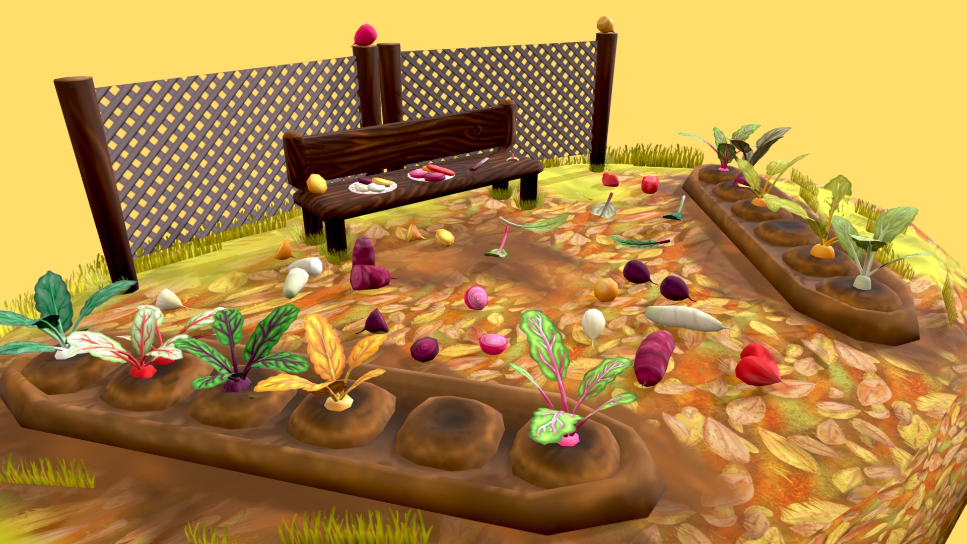 3D model Farm Life – Beetroot Patch - This is a 3D model of the Farm Life - Beetroot Patch. The 3D model is about a table with a chair and plants on it.