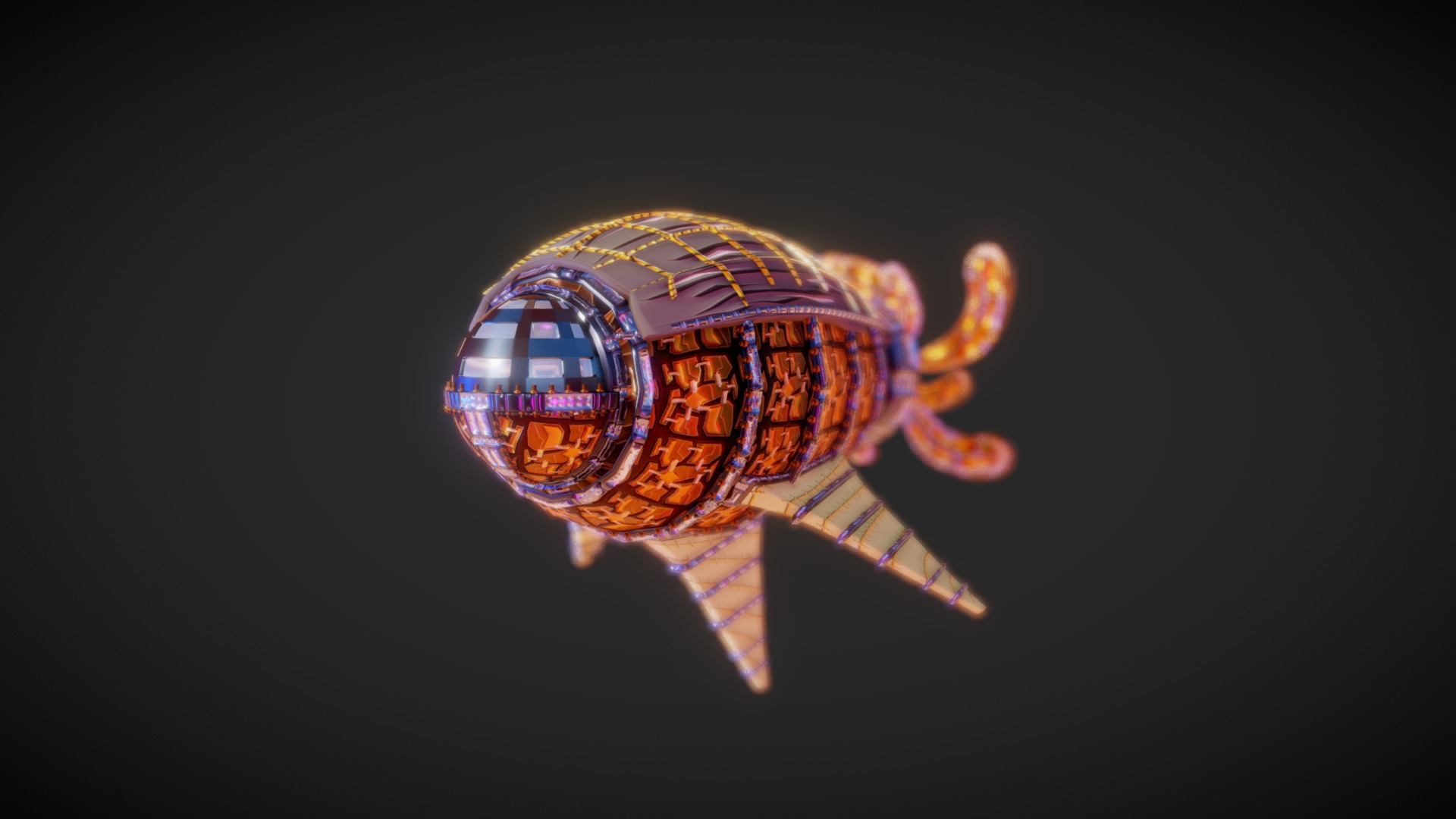 3D model Rusted Zeppelin - This is a 3D model of the Rusted Zeppelin. The 3D model is about a colorful fish with a black background.
