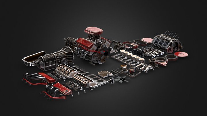 Destruction V6 car engine with engine [MoreThem] 3D Model