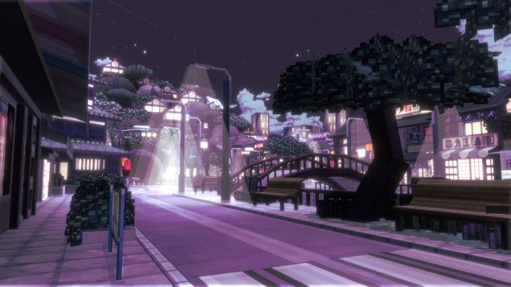 [Blockbench] Japanese Town "Night time NekoTown" 3D Model