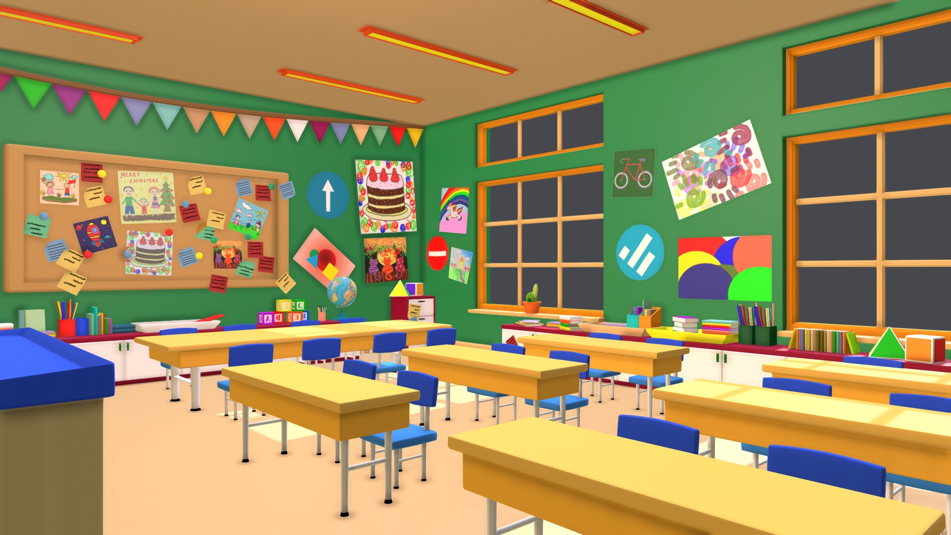 3D model Asset – Cartoons – Background – Classroom – 3D - This is a 3D model of the Asset - Cartoons - Background - Classroom - 3D. The 3D model is about a classroom with desks and chairs.