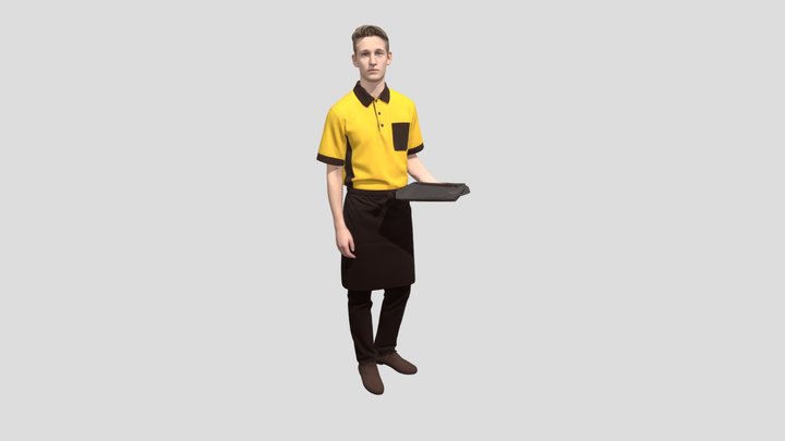 Server in yellow polo holding a tray