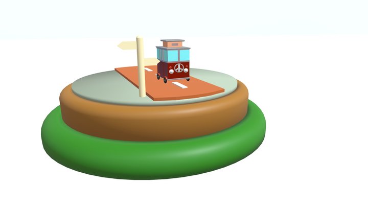 Hippie Van on Road Low Poly Model 3D Model