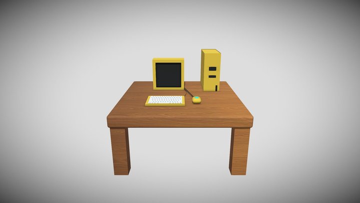 Retro Low-Poly Computer Setup on Wooden Table