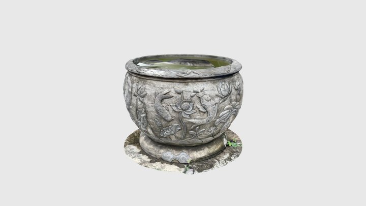 Stone Basin with Carved Lotus and Carp Motif 3D Model