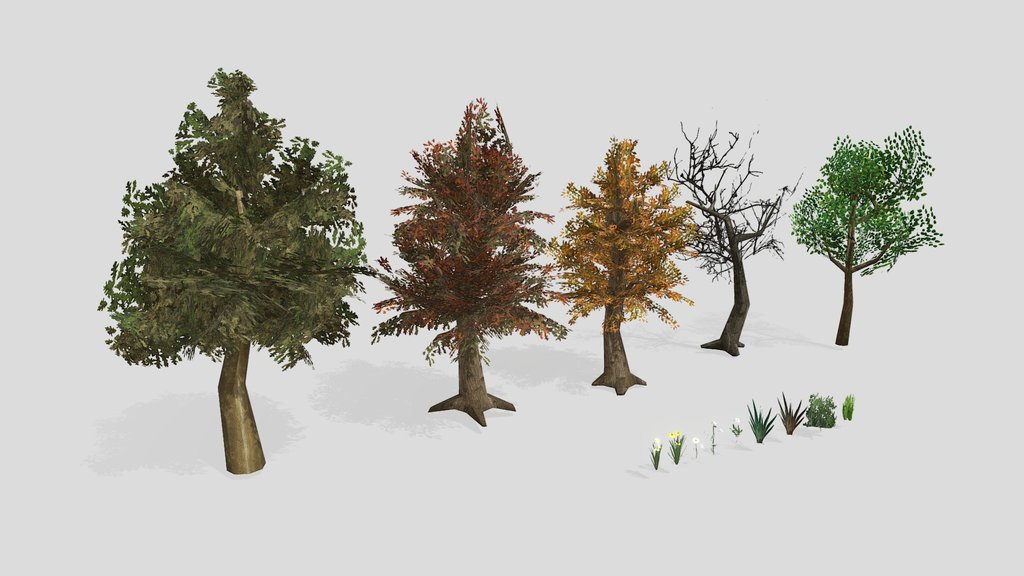Low poly trees, flowers and grass