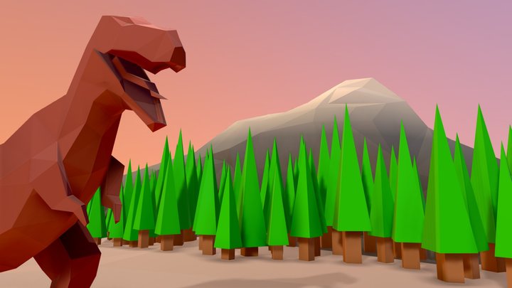 Dinosaur - T-Rex & Landscape - LowPoly Scene 3D Model
