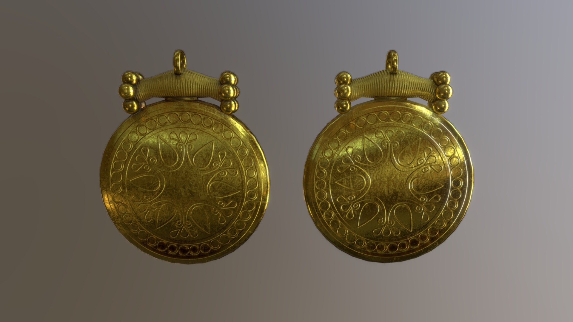 3D model Greek/Cypriot Gold Embossed Earrings - This is a 3D model of the Greek/Cypriot Gold Embossed Earrings. The 3D model is about a pair of gold and silver earrings.