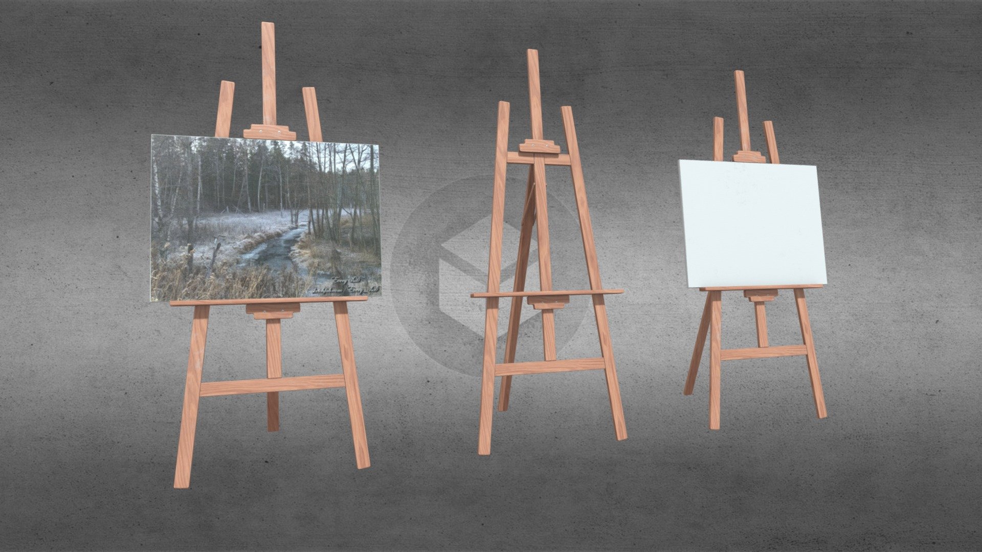 Wooden easel and painting 3D model