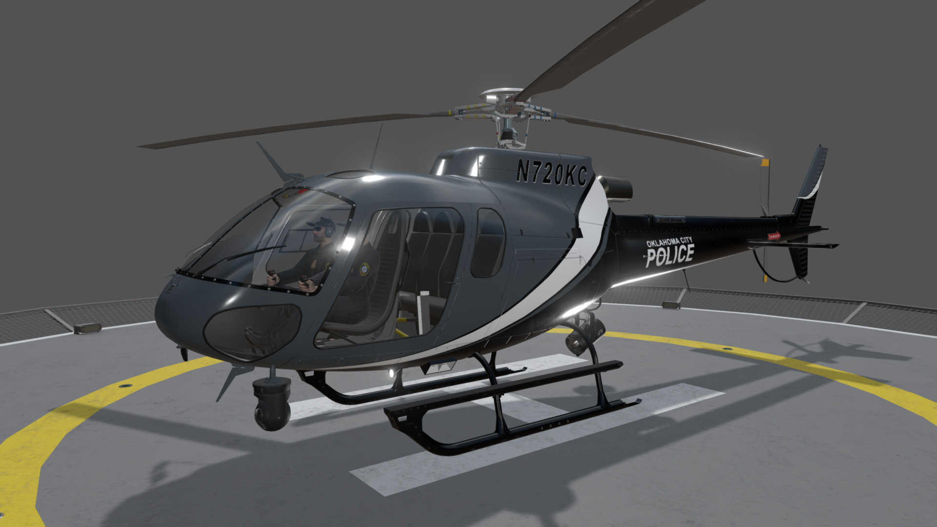 3D model AS-350 Oklahoma City Police Animated - This is a 3D model of the AS-350 Oklahoma City Police Animated. The 3D model is about a helicopter on a runway.