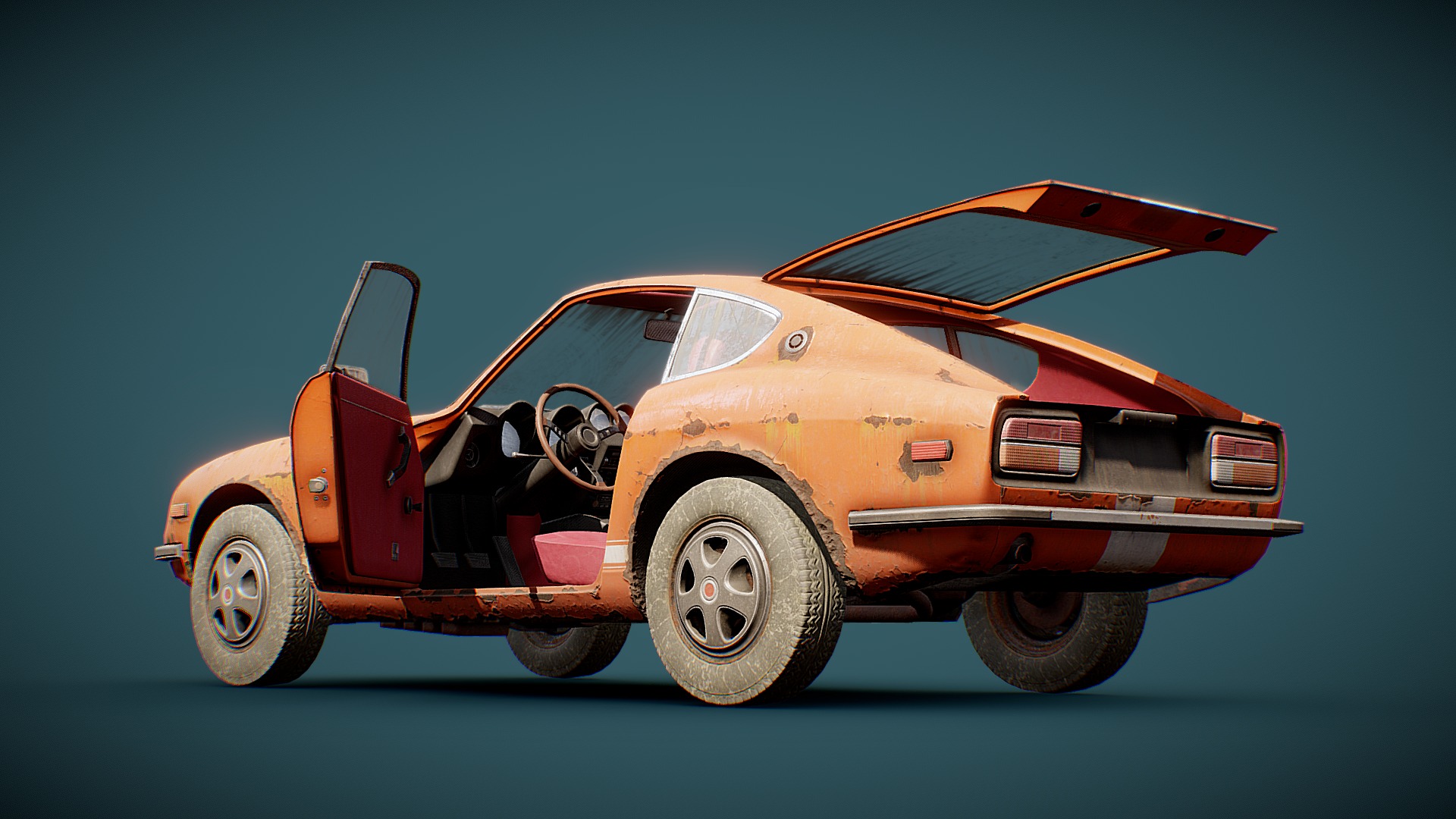 3D model Old Coupe - This is a 3D model of the Old Coupe. The 3D model is about an orange car with a spoiler.