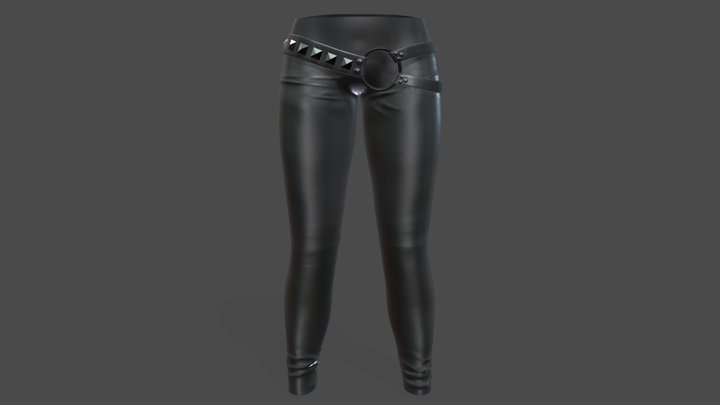 Female Black Rivets Decorated Belt Leather Pants 3D Model