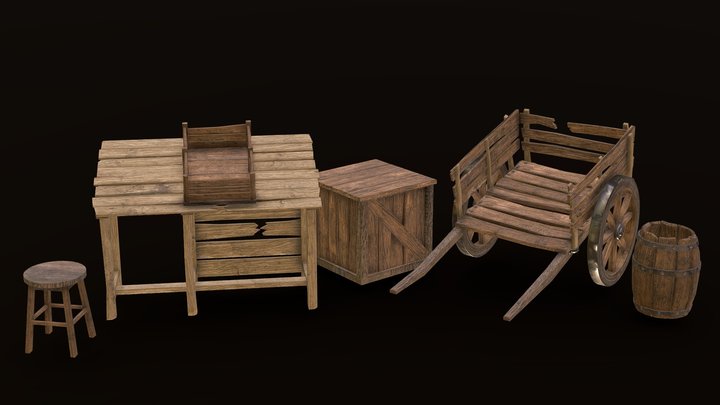 Wooden Props Assets Pack Low-Poly with Trimsheet 3D Model