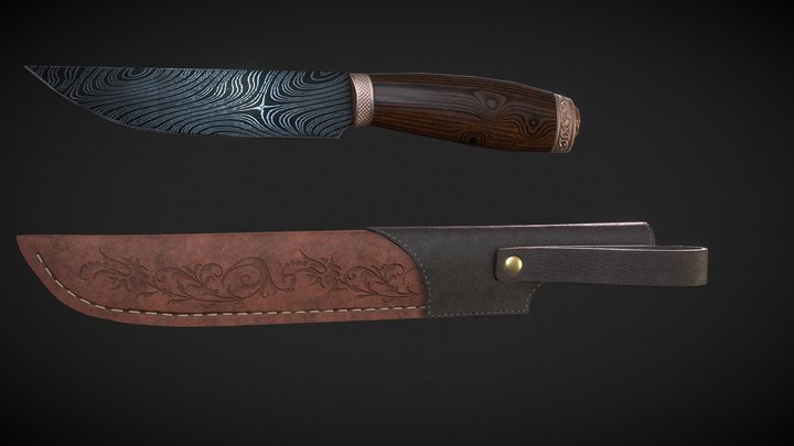 Knife with leather sheath 3D Model