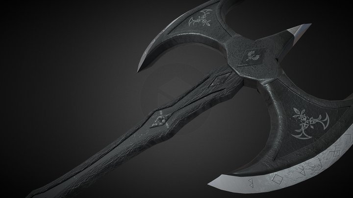 Ornate Double-Bladed Fantasy Battle Axe 3D Model