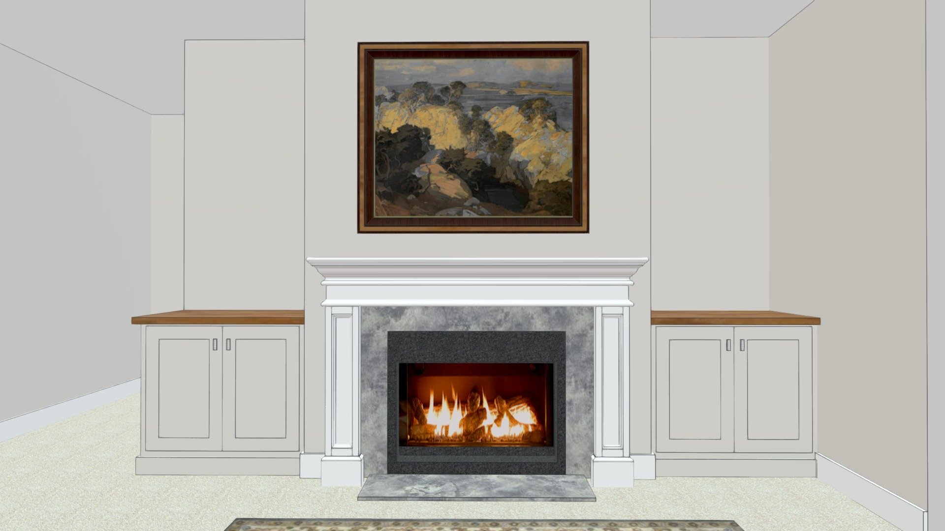 Gray cabinets around a fireplace