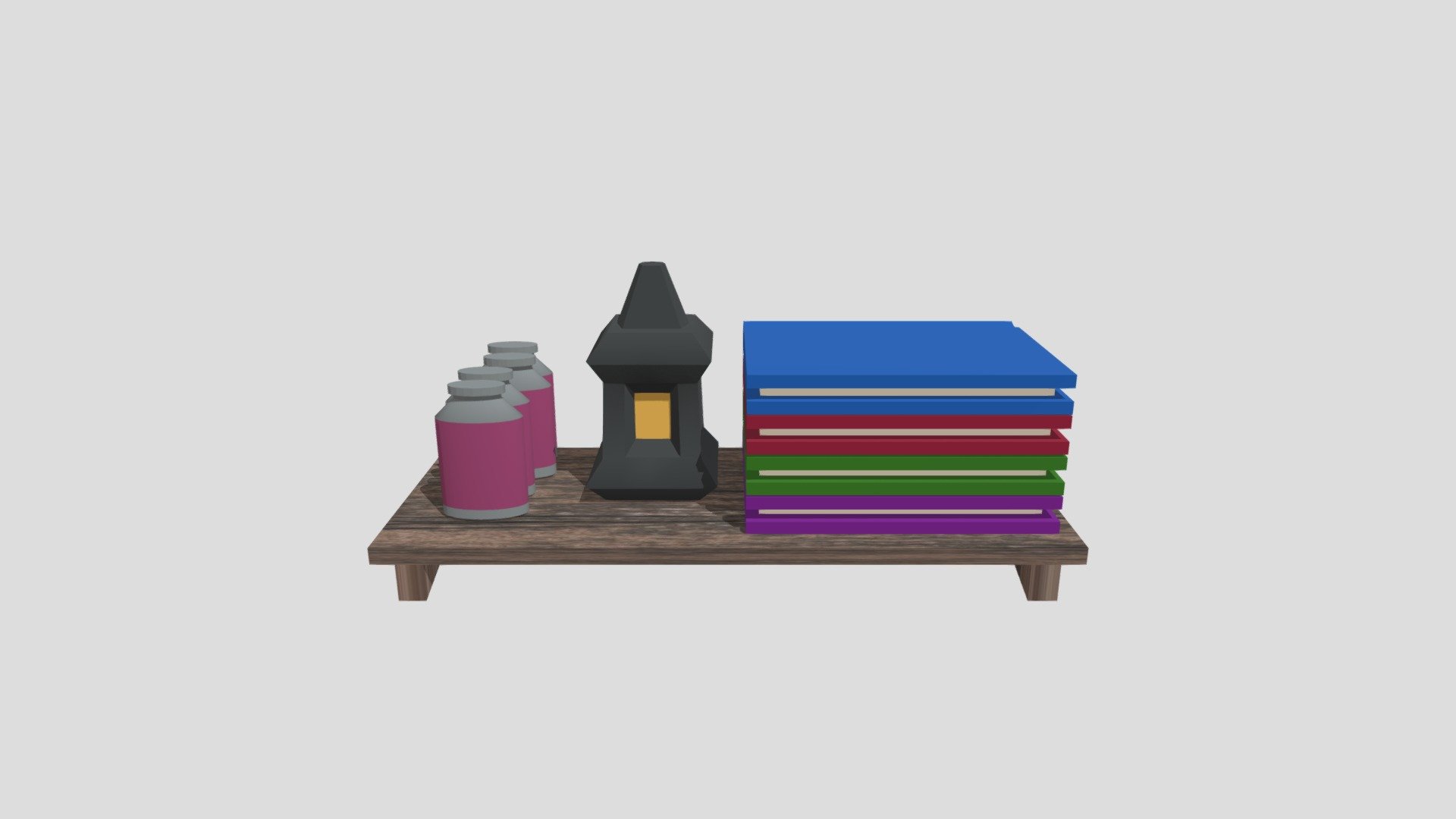 Shelf with a lantern, flasks and books