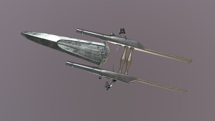 An Indian Katar Mounted with Percussion Pistols 3D Model