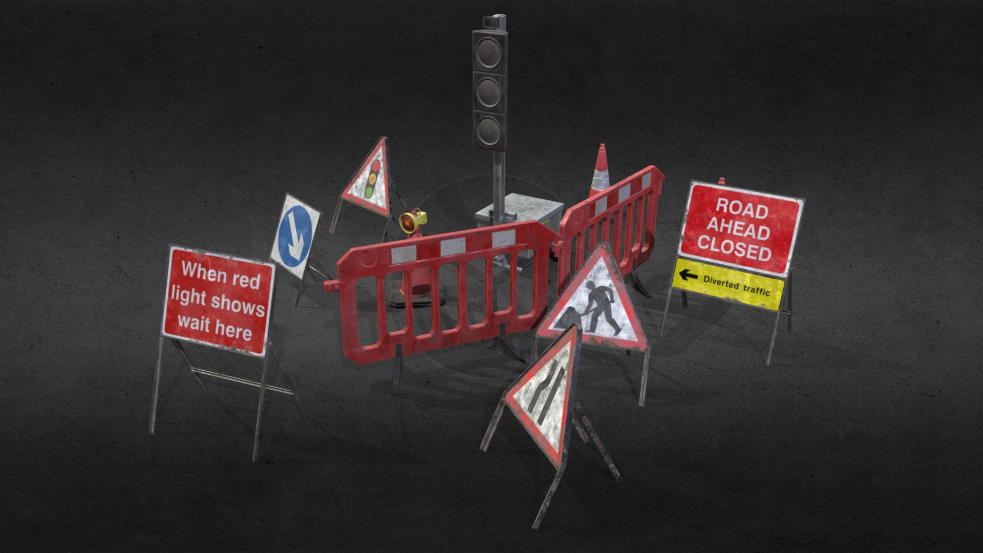 3D model Roadworks - This is a 3D model of the Roadworks. The 3D model is about a group of signs on a road.