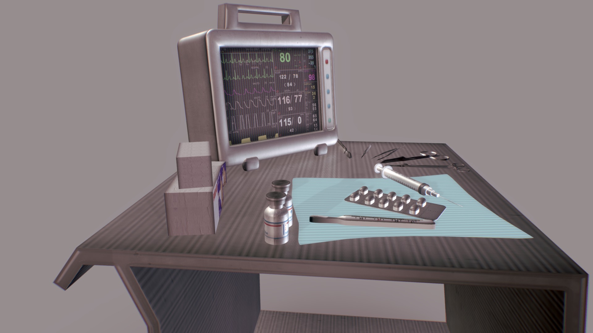 3D model Medical Table - This is a 3D model of the Medical Table. The 3D model is about a table with a clock and objects on it.