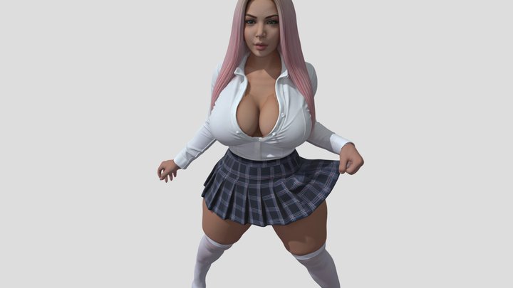 Pink-haired woman in blouse and skirt 3D Model