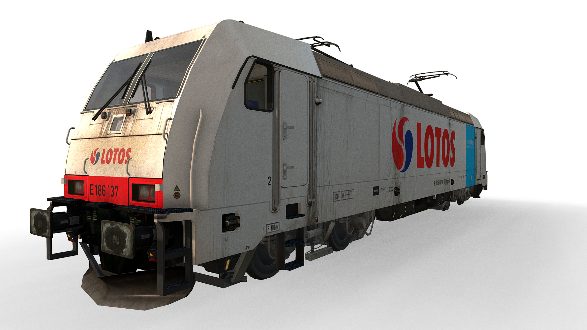 3D model Locomotive Class 186 137-6 – RailPool / Lotos - This is a 3D model of the Locomotive Class 186 137-6 - RailPool / Lotos. The 3D model is about a white and blue train.