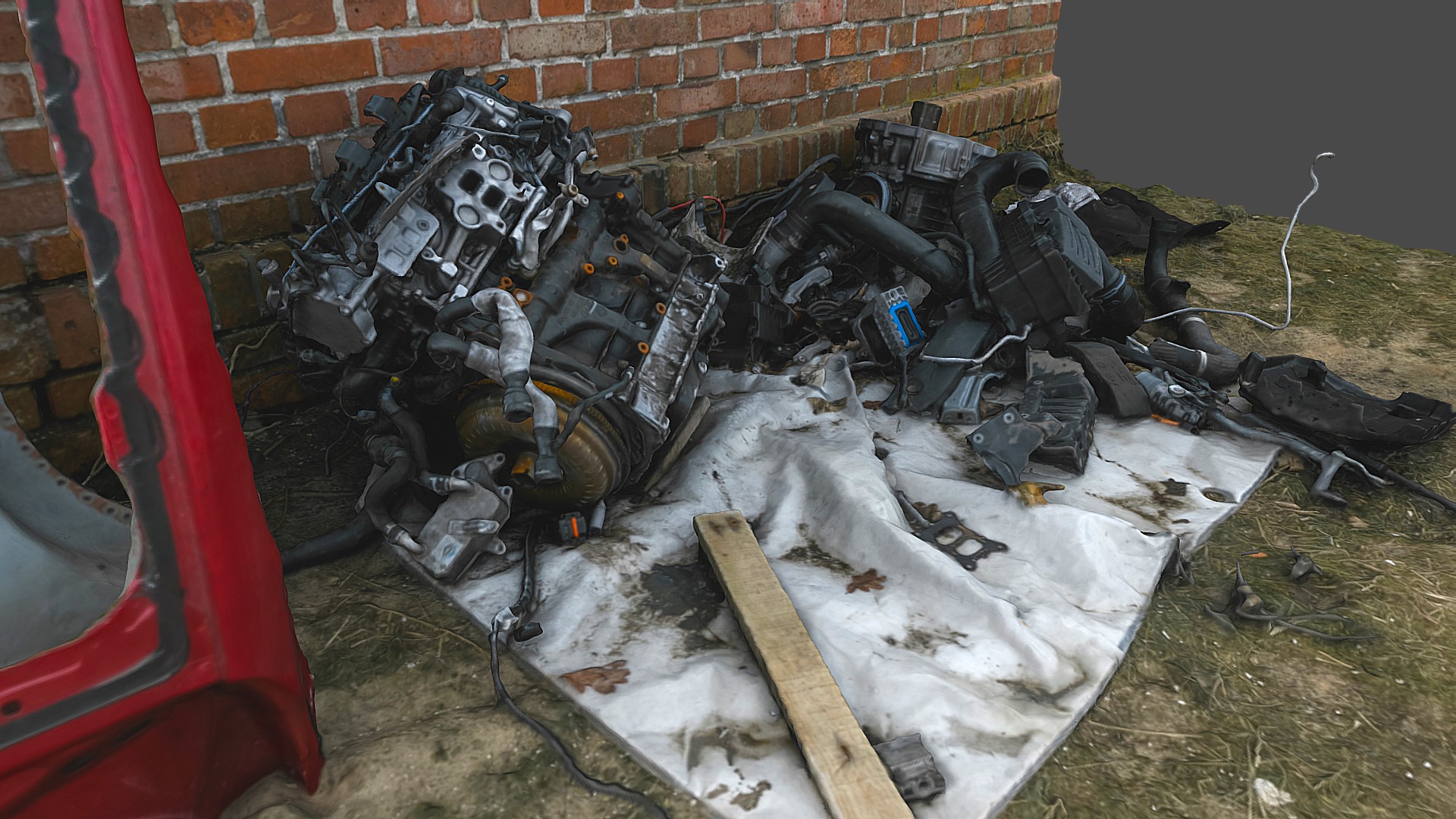 3D model Scrap metal auto engine - This is a 3D model of the Scrap metal auto engine. The 3D model is about a car that has crashed into a brick wall.