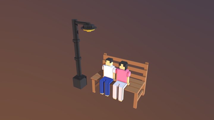 Couple Sitting on A Bench under A Street Lamp 3D Model