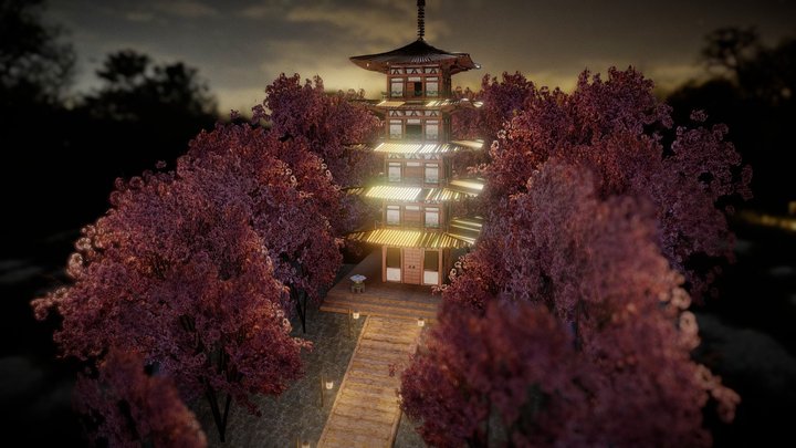 pagoda and cherry blossom game scene baked – Modello 3D gratuito STL