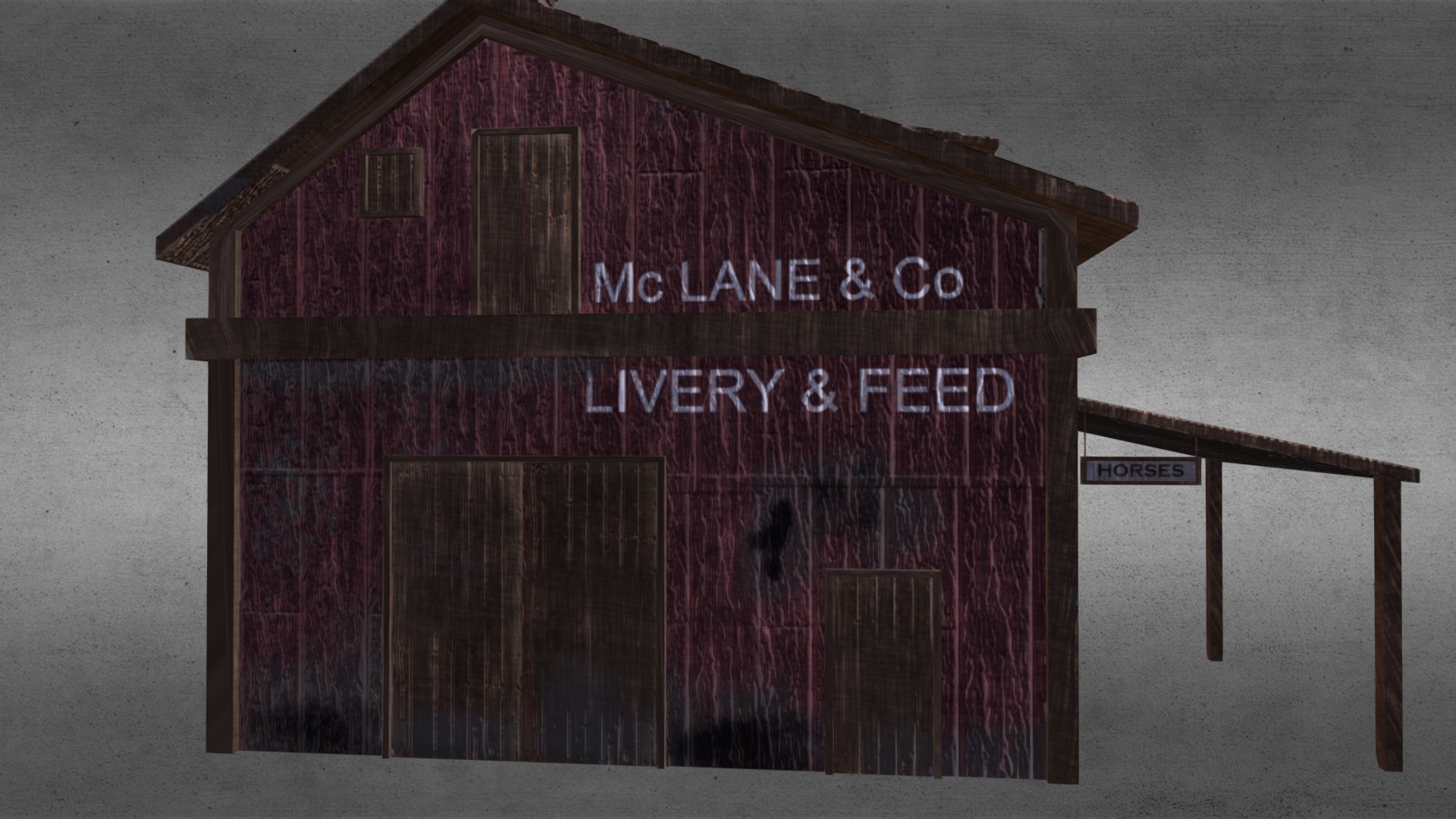 3D model Livery and Feed House (Magnificent Seven Movie) - This is a 3D model of the Livery and Feed House (Magnificent Seven Movie). The 3D model is about a wood building with a sign on it.