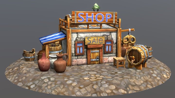 Fantasy hand painted Shop with props 3D Model