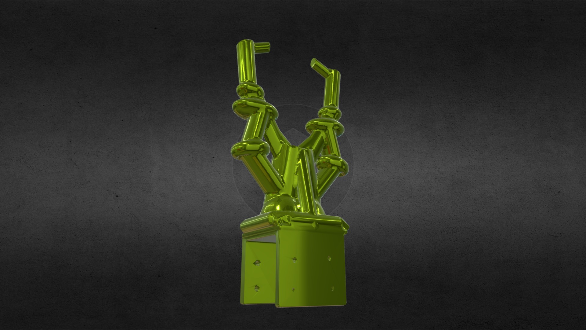 3D model DIRECT CLAMP WITH GUITAR HANGER - This is a 3D model of the DIRECT CLAMP WITH GUITAR HANGER. The 3D model is about a green toy on a black surface.