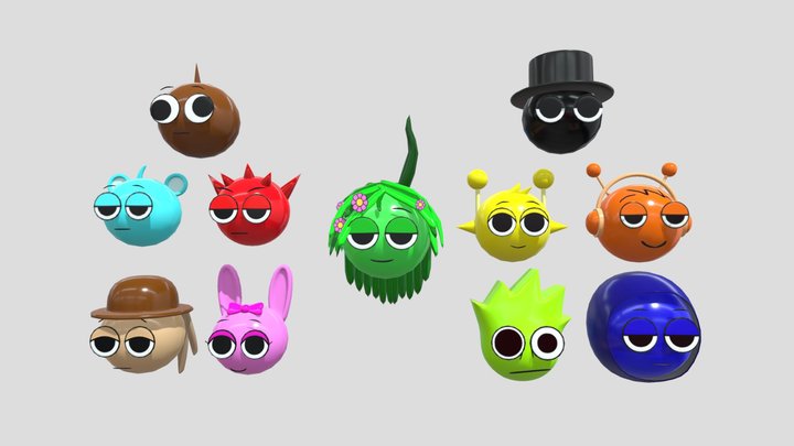 Sprunki Heads - 13 Unique 3D Characters 3D Model