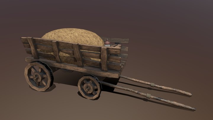 Stylized medieval cart with a lamp and hay 3D Model