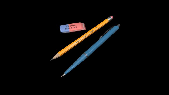 Stationery: pencil, pen and eraser (lowpoly) 3D Model