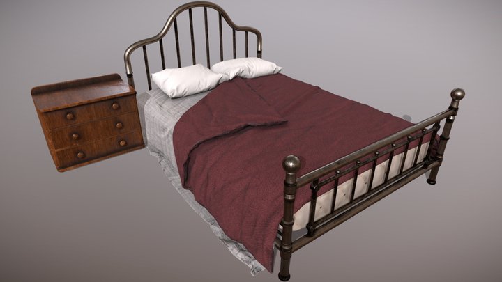 Vintage style iron bed with nightstand 3D Model