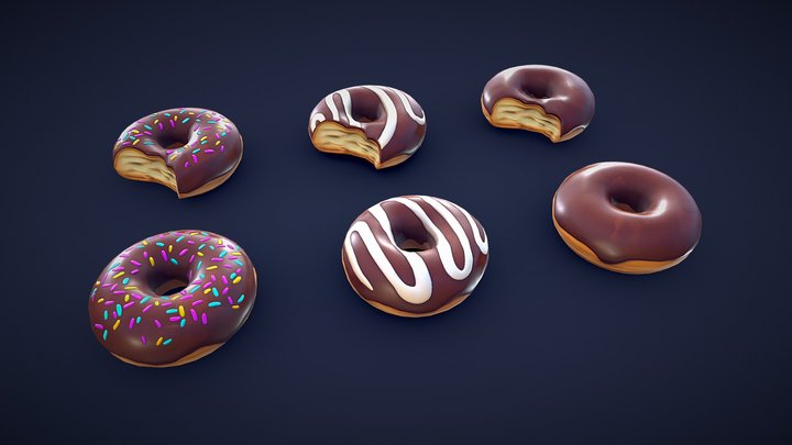Stylized Chocolate Donuts - Low Poly 3D Model