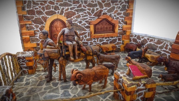 Village Life Wooden Sculpture at Axos Crete 3D Model