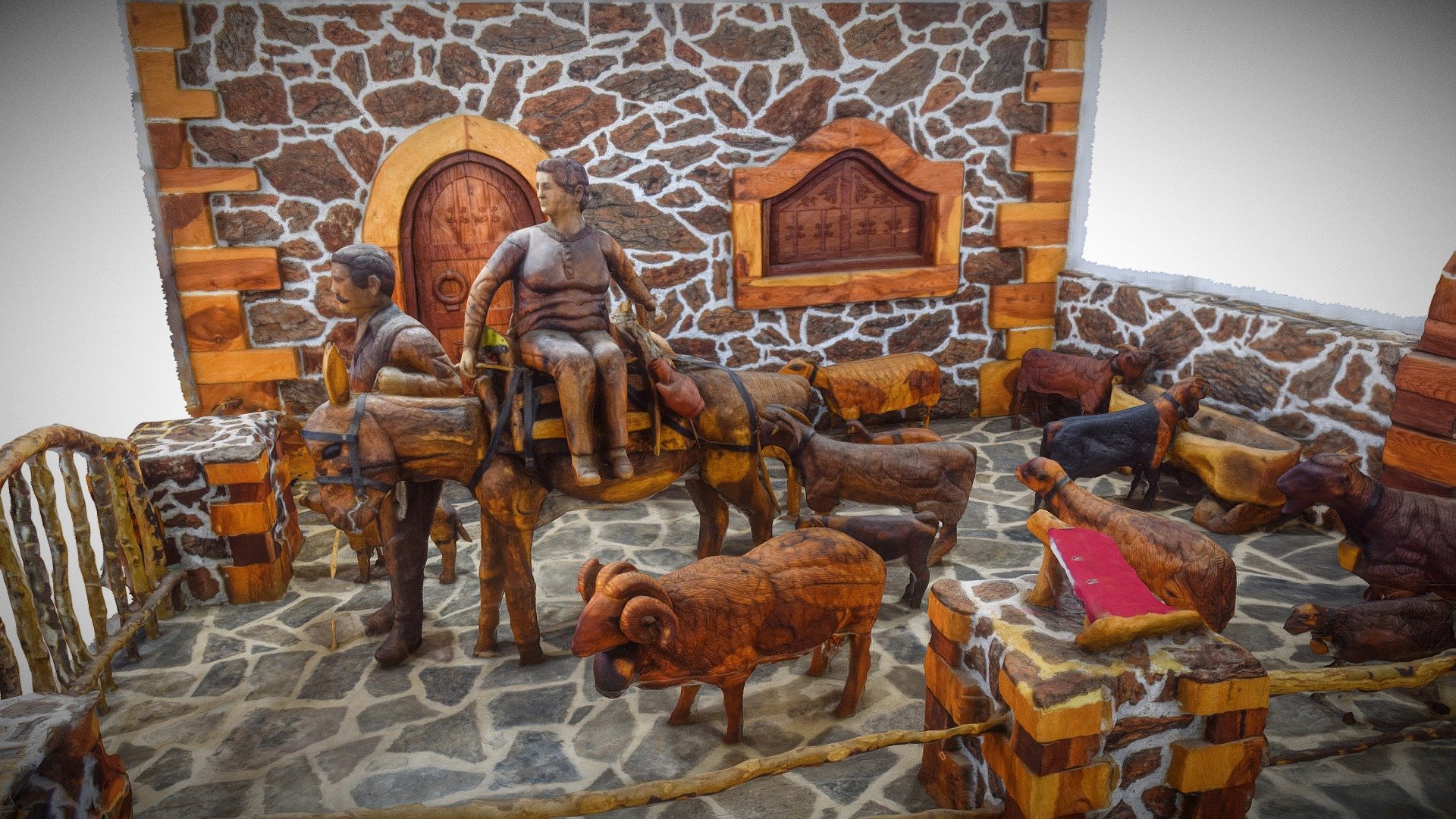 Village Life Wooden Sculpture at Axos Crete